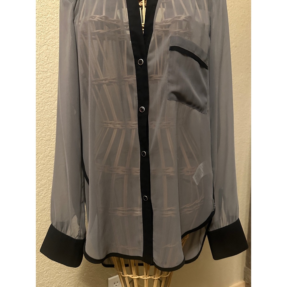 KUT from the Kloth Grey Sheer Draped Back Blouse Black Trim Medium flowy - Picture 5 of 16